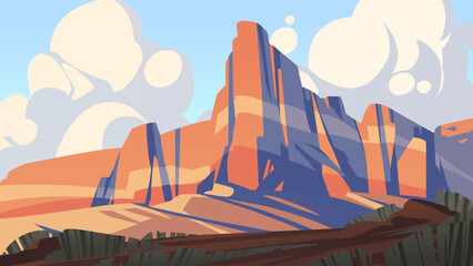 Desert landscape with vegetation and mountains. Vector illustration