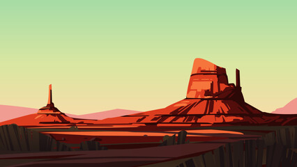 Desert landscape at sunset with vegetation and mountains. Vector illustration © Voidentir