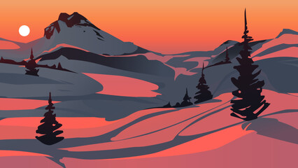 Winter landscape at sunset. Snowy hills and pines. Vector illustration