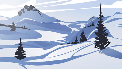Winter landscape. Snowy hills and pines. Vector illustration