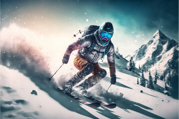 Skier on the slope, skie, extreme sport. Generative AI