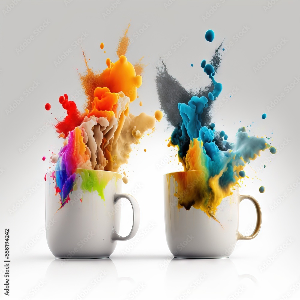 Poster two coffee mugs with colored paint splashing out of the cups on a white background with a reflection