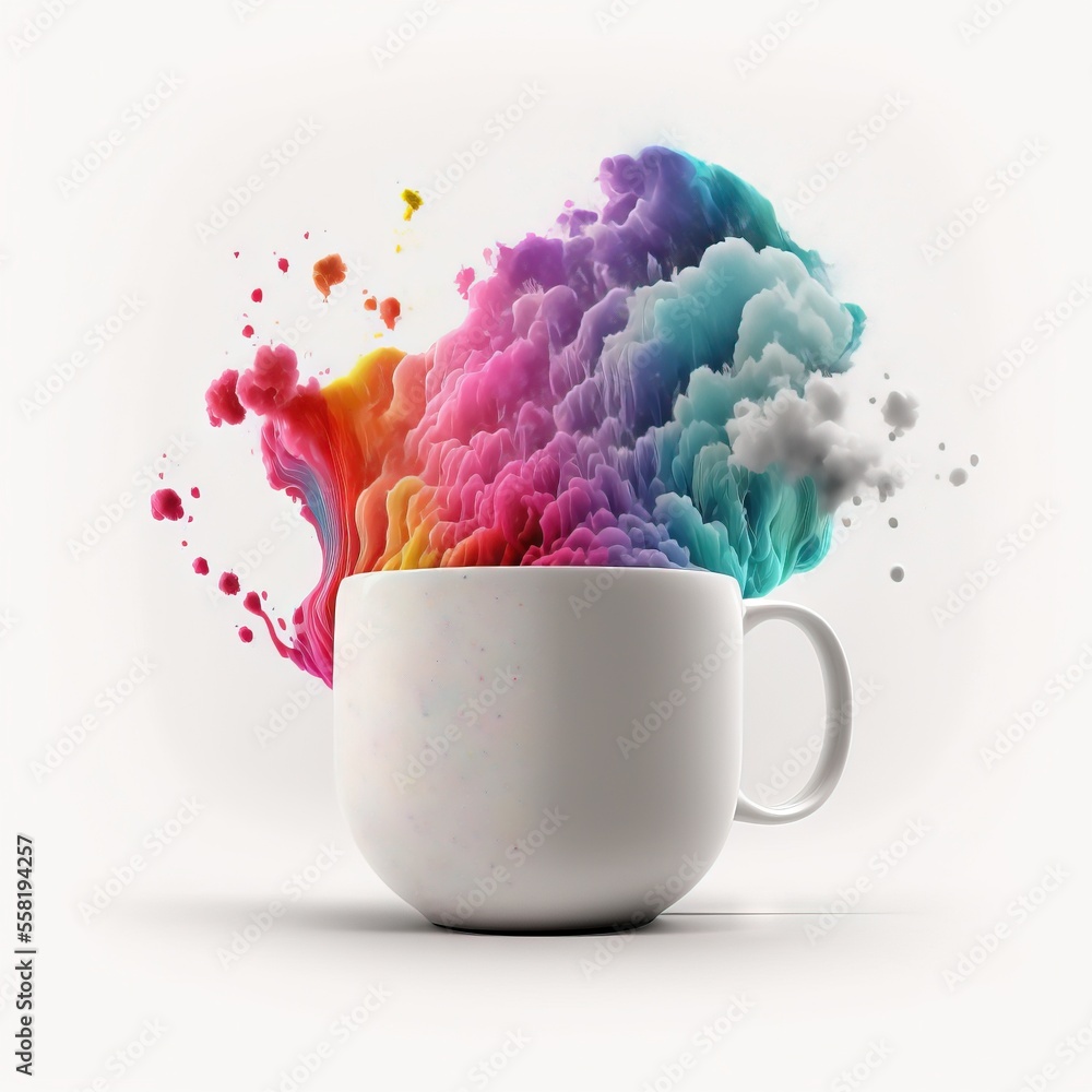 Poster a coffee cup filled with colorful liquid and sprinkles of paint on a white background with a white b