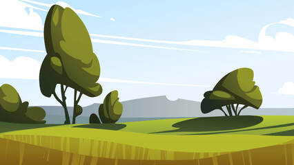 Field landscape with trees and bushes. Vector illustration