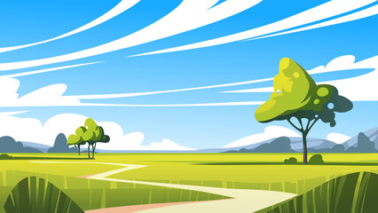 Field landscape with road, trees and bushes. Vector illustration
