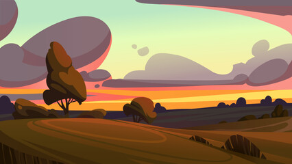 Field landscape at sunset with trees and bushes. Vector illustration