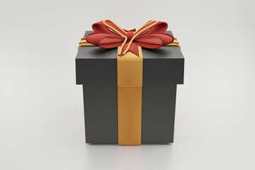 3d rendered Merry New Year and Merry Christmas 2023 black gift box with red bows and gold sequins confetti on white background