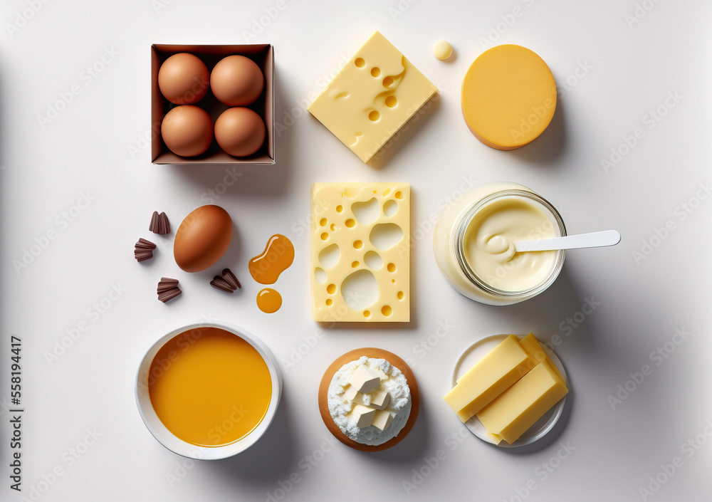 Poster a table topped with different types of cheeses and condiments next to a container of eggs and cheese