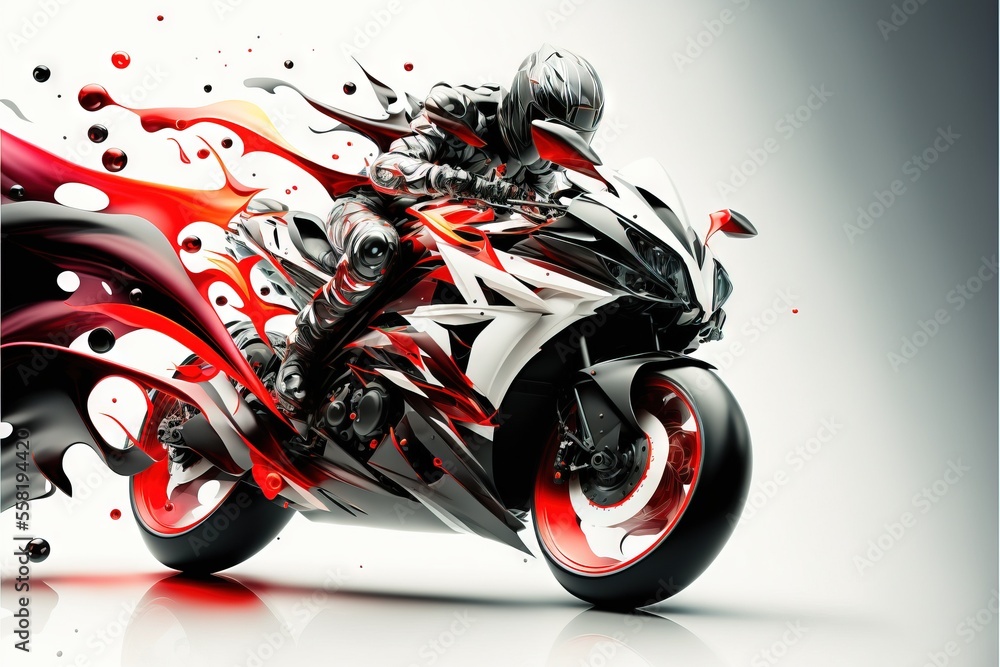Poster a red and white motorcycle with a black and red design on the front of the bike and a black and whit