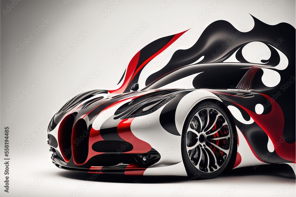 Poster a car with a red and black design on it's hood and tail end, with a white background and a white bac