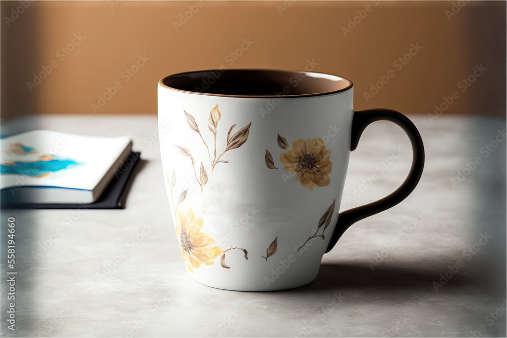 Poster a coffee cup with a flower design on it sitting on a table next to a book and a pen on the table top