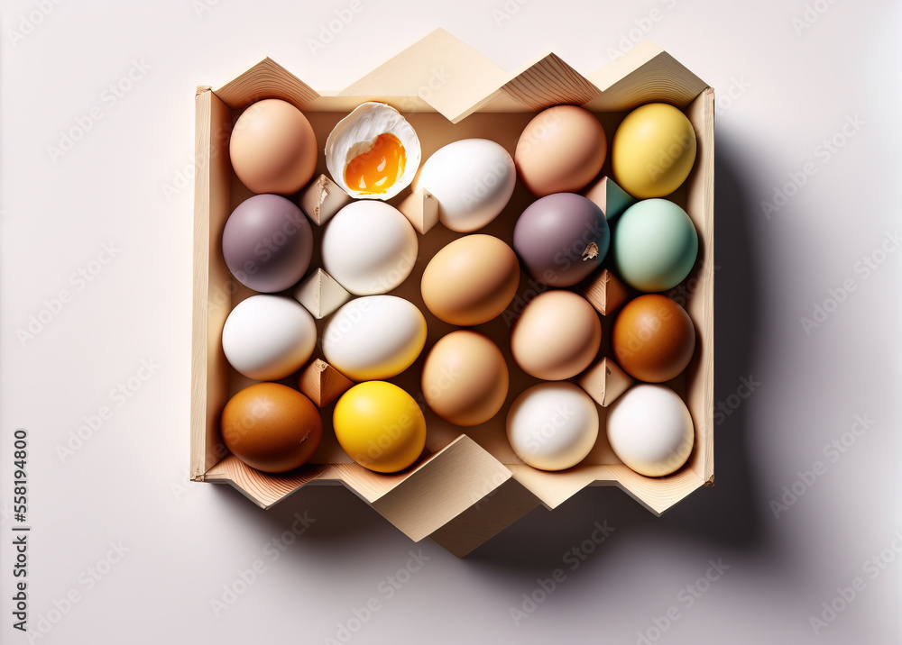 Poster a cardboard box filled with eggs on a white table top with an egg shell in the middle of the box and