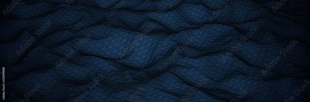 Poster abstract blue background. dark low poly triangle pattern. virtual computer landscape. technology sty