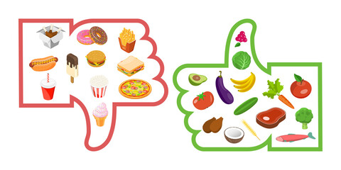 3D Isometric Flat  Conceptual Illustration of Healthy Vs Junk Food
