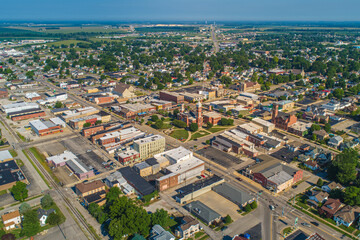 Aerial View of Greensburg Indiana Downtown Courthouse Tower Tree