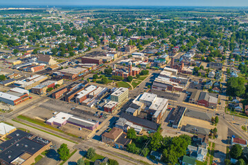 Aerial View of Greensburg Indiana Downtown Courthouse Tower Tree