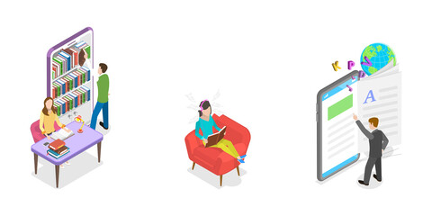 3D Isometric Flat  Conceptual Illustration of Online Library