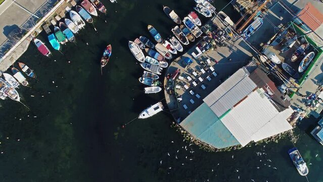 Drone view of İzmir Mavişehir beach and fishing boats