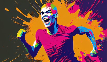 colourful sports illustration of a man running with a brown background, generative ai