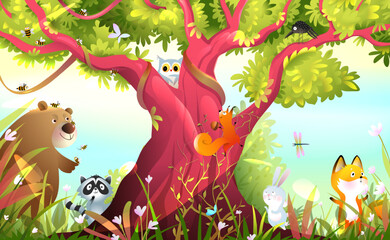 Animals in the woods, childish cartoon with cute animals and a big tree. Forest animals scenery, wallpaper for kids in watercolor style. Woodland or jungle scene for children, vector background.
