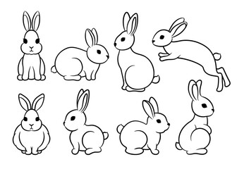 Fototapeta na wymiar Cute rabbit outline set. Easter bunny icons line art. Spring animal logo sign. Chinese New Year 2023 of the rabbit symbol. Hare silhouette isolated on white background. Domestic animal pet. 