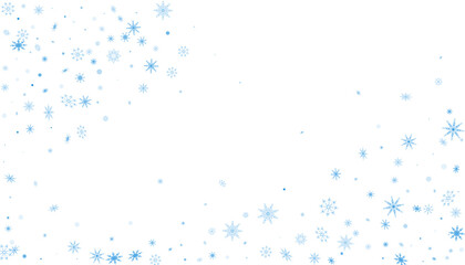 Blue delicate openwork snowflakes are scattered on a white background. Festive background, new year or christmas design