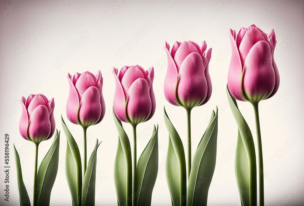 Poster a group of pink tulips in a row on a white background with green stems in the foreground and a white