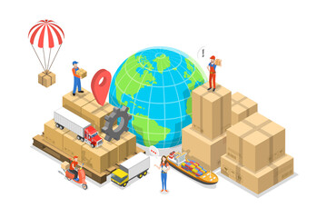 3D Isometric Flat  Conceptual Illustration of Global Shipping