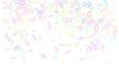 Paper clips are scattered on a white background. Decorative element. Background for design, school and office supplies