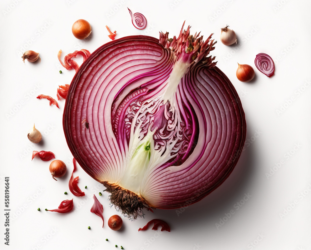 Poster a red onion is cut in half and placed on a white surface with other vegetables around it and scatter