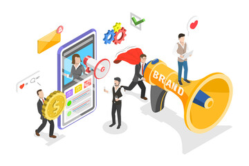 3D Isometric Flat  Conceptual Illustration of Brand Awareness Campaign