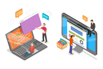 3D Isometric Flat  Conceptual Illustration of Website Development and Coding