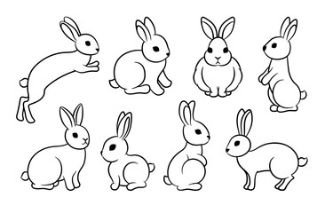 Obraz na płótnie Canvas Line art rabbit set. Cute bunny jumping, sitting, running. 2023 year of the rabbit symbol. Easter spring animal logo sign. Chinese New Year. Hare silhouette isolated on white. Domestic animal pet.