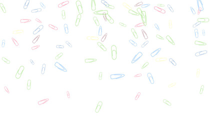 Paper clips are scattered on a white background. Decorative element. Background for design, school and office supplies