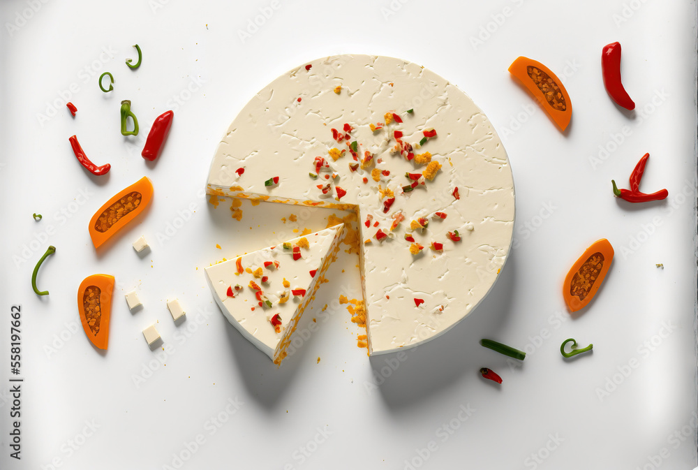 Poster a cheese cake with a slice cut out of it on a white plate surrounded by vegetables and confetti on a