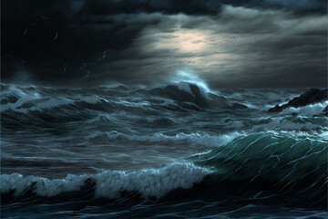 Illustration of waves - storm over the ocean - Created with Generative AI Technology