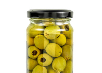 canned jar with olives isolated on white background