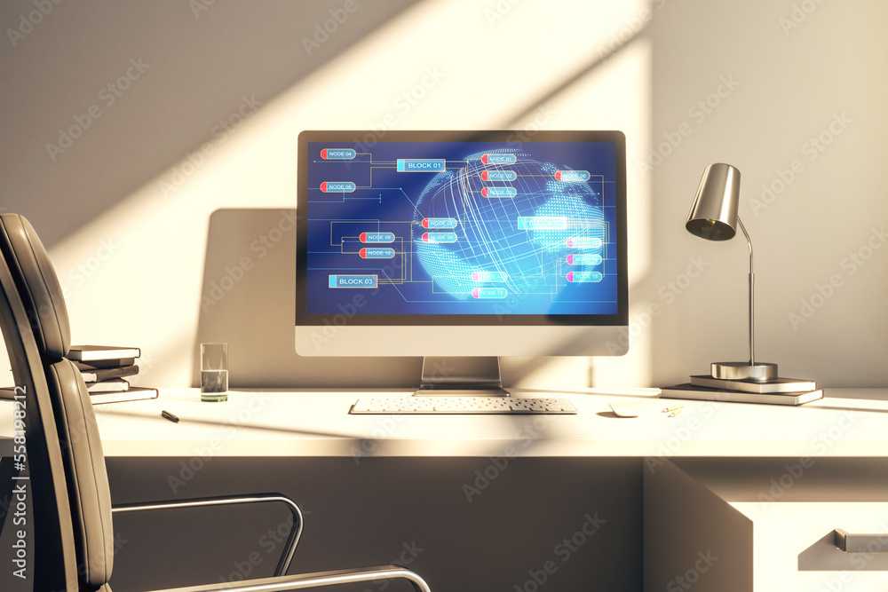 Poster modern computer monitor with abstract programming language with world map, research and development 