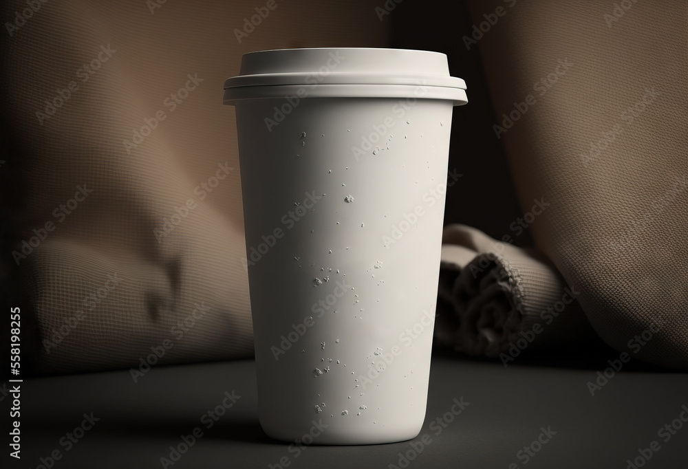 Poster a cup of coffee sitting on top of a table next to a pillow and a blanket on a bed with a pillow behi