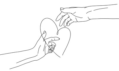 Line art with hands. Black and white linear Male and female hand reaching out to each other through the heart. Minimalistic Valentine's day illustration