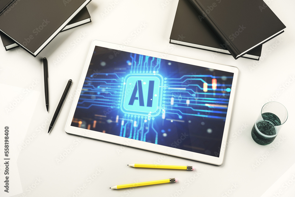 Leinwandbilder Top view of modern digital tablet monitor with creative artificial Intelligence icon. Neural networks and machine learning concept. 3D Rendering