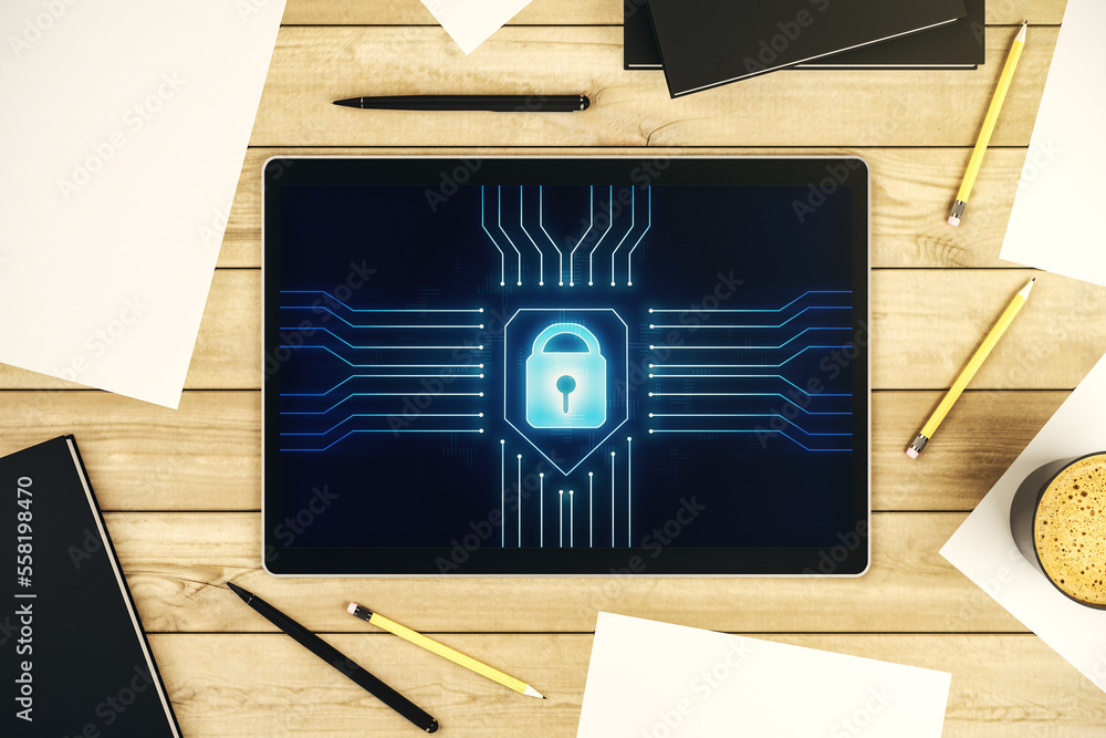 Aufkleber top view of modern digital tablet monitor with creative lock hologram and chip. information security