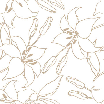 Lilly hand drawn flower with leaves, line art seamless pattern for textile or background