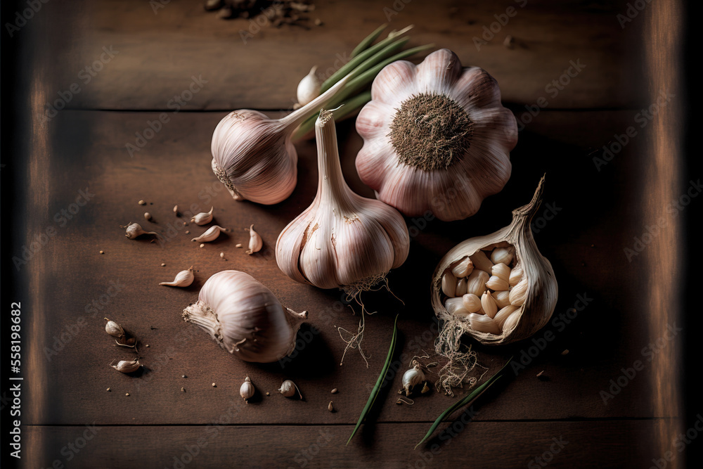 Poster a bunch of garlic on a table with some garlic on top of it and a bunch of garlic on the ground next to it with some garlic on top of it and a wooden table., generative ai