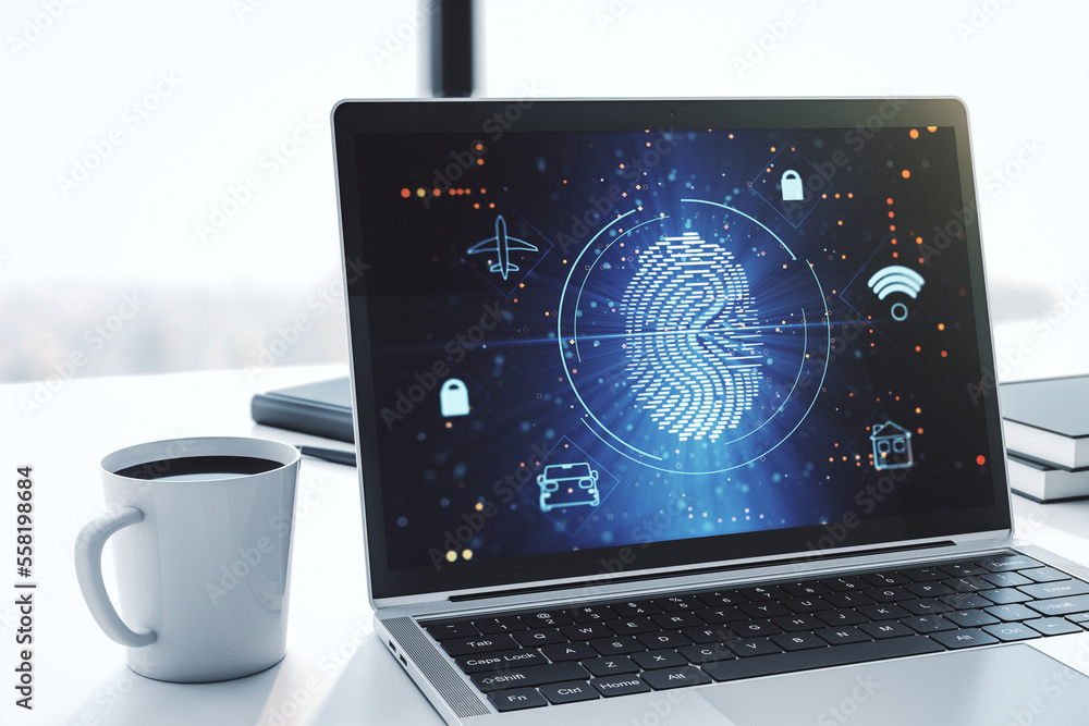 Poster Modern computer monitor with abstract creative fingerprint hologram, research and development concept. 3D Rendering