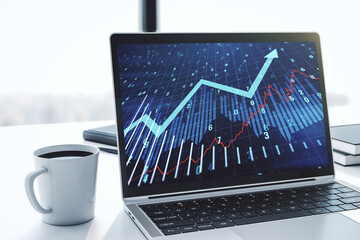 Computer monitor with abstract creative financial graph and upward arrow, financial and trading concept. 3D Rendering