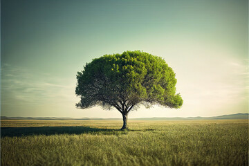 Fototapeta premium Illustration of a single tree in the field - Created with Generative AI Technology 