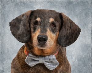 Elderly Dachshund With Bow Tie and Oil Paint Effect