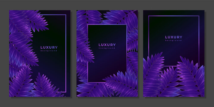 Set of luxury golden purple templates with tropical plants. Linear fern branches, palm leaves. Poster with leaf with veins on black background. Magical glittering plants. Wedding invitation