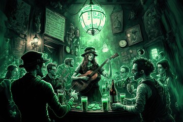 Fototapeta na wymiar St. Patrick's Day pub crawl with green beer and Irish music